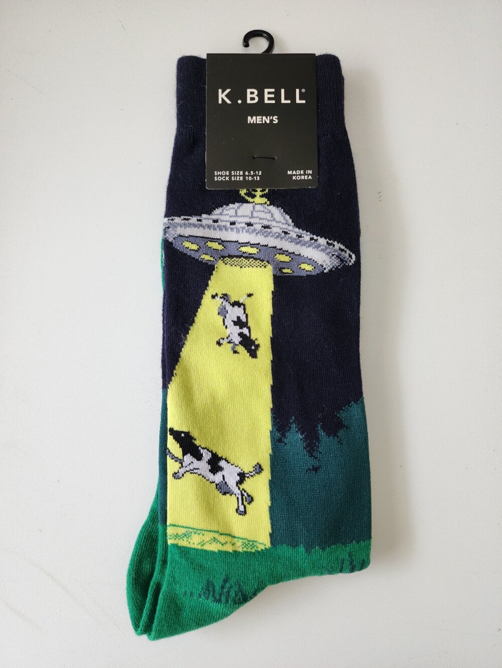 NWT K. Bell Mens Crew Socks- Cow UFO/UAP Alien Abduction